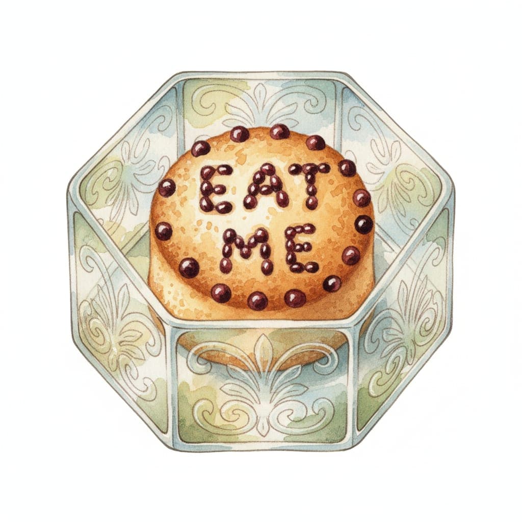 Small cake with EAT ME written in currants