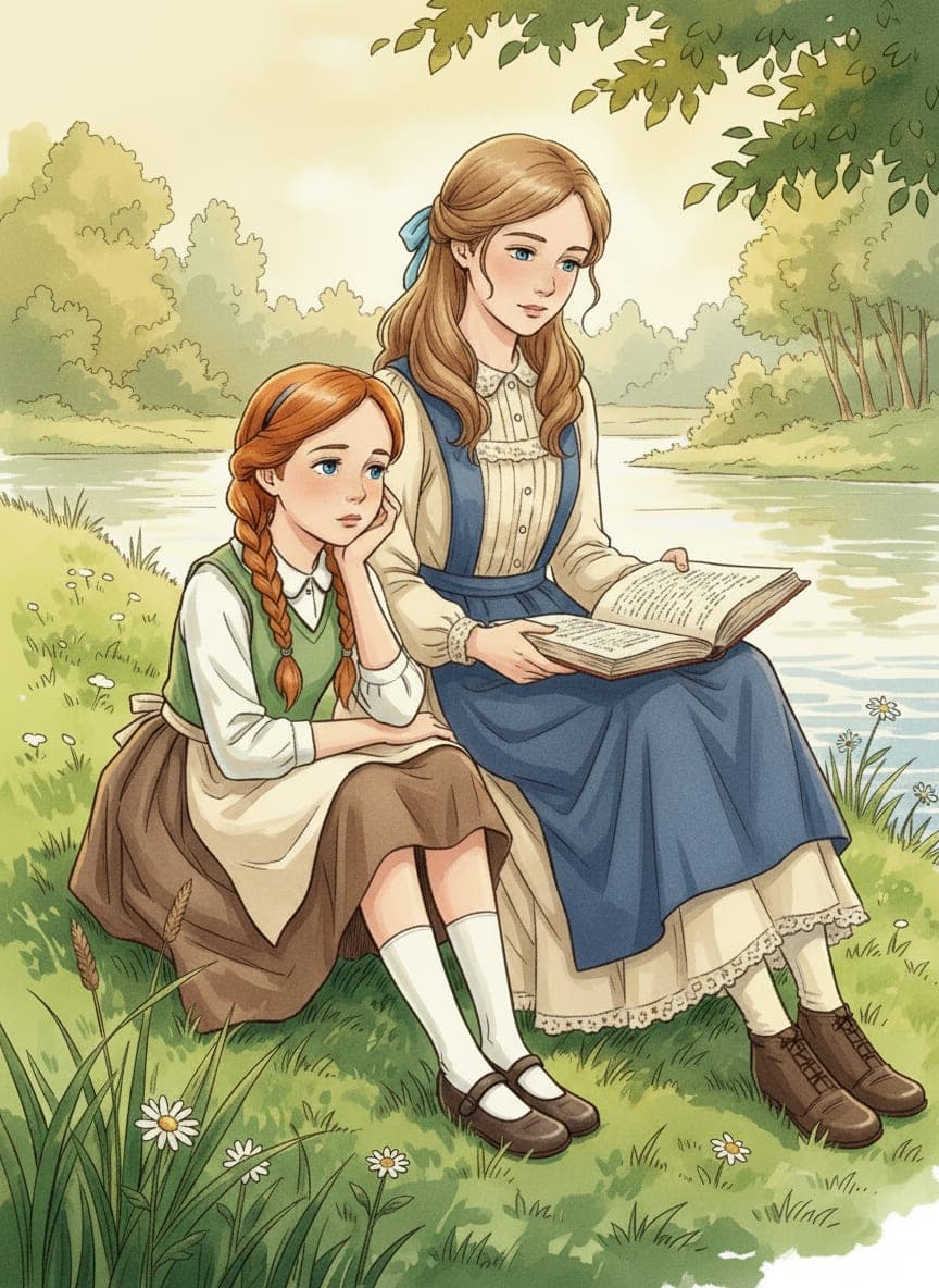 Two girls sitting on a riverbank